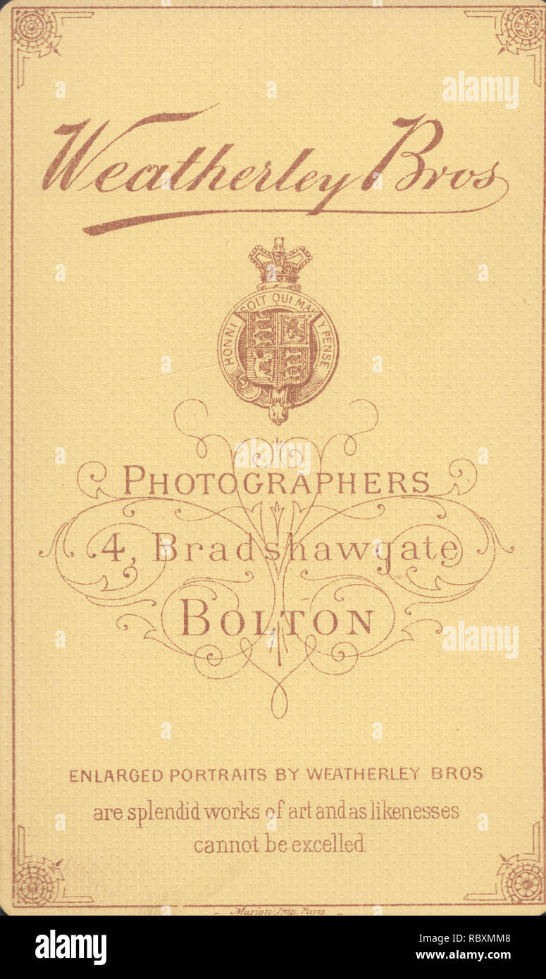 Pubblicità vittoriano CDV (Carte De visite) che mostra l'illustrazione e la calligrafia da Weatherley Bros fotografi, 4 Bradshawgate, Bolton, Lancashire. Foto Stock