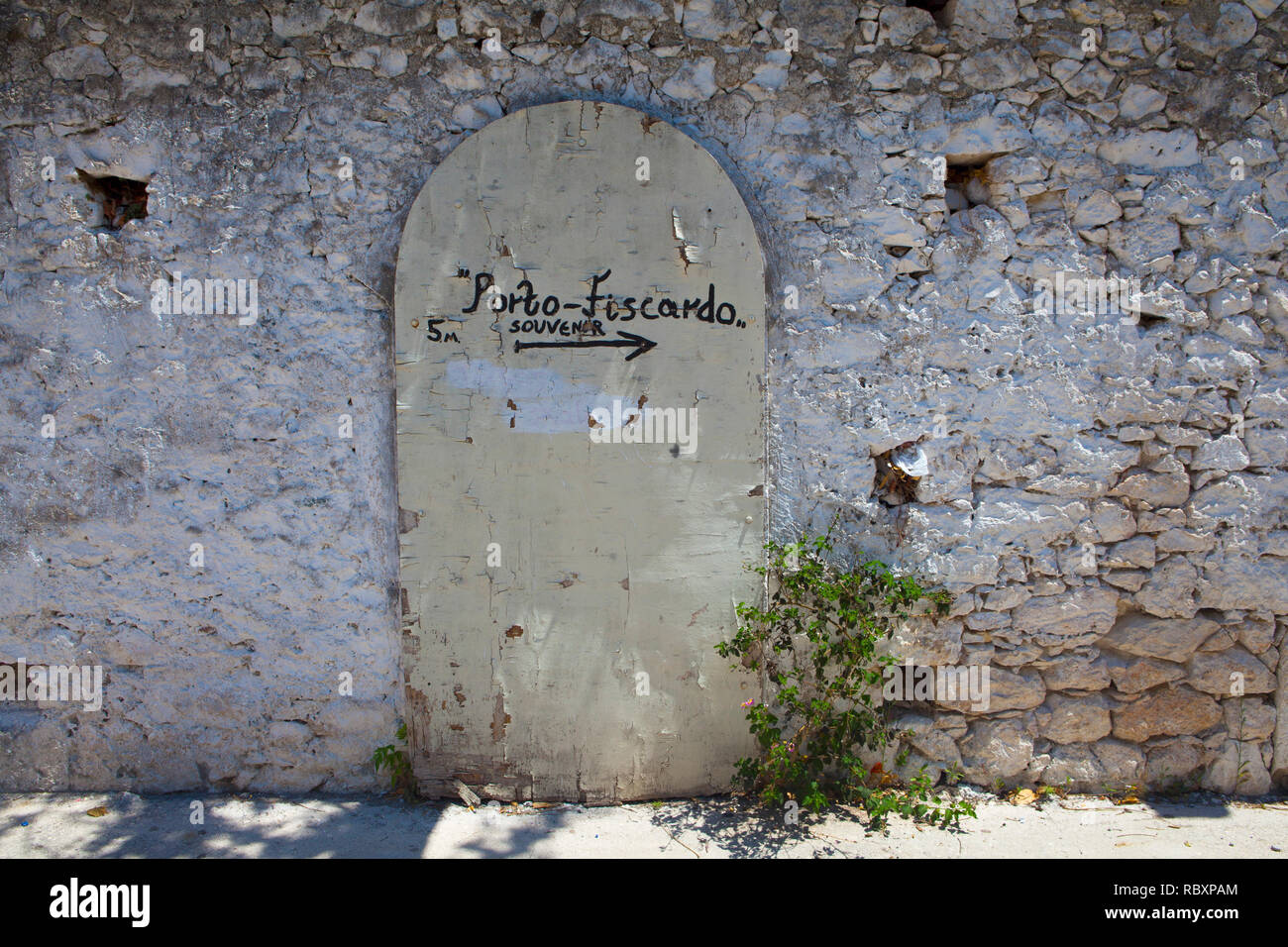 I dettagli di costruzione, (intavolato porta) Fiskardo, Cefalonia, Grecia Foto Stock