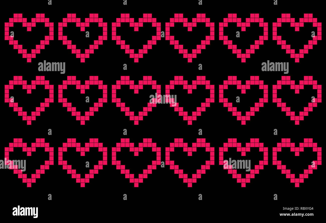 Sfondo nero con ripetizione di pixel-come cuori, patchwork o punto croce pattern, seamless motif o risorsa di grafica come sfondo astratto Foto Stock
