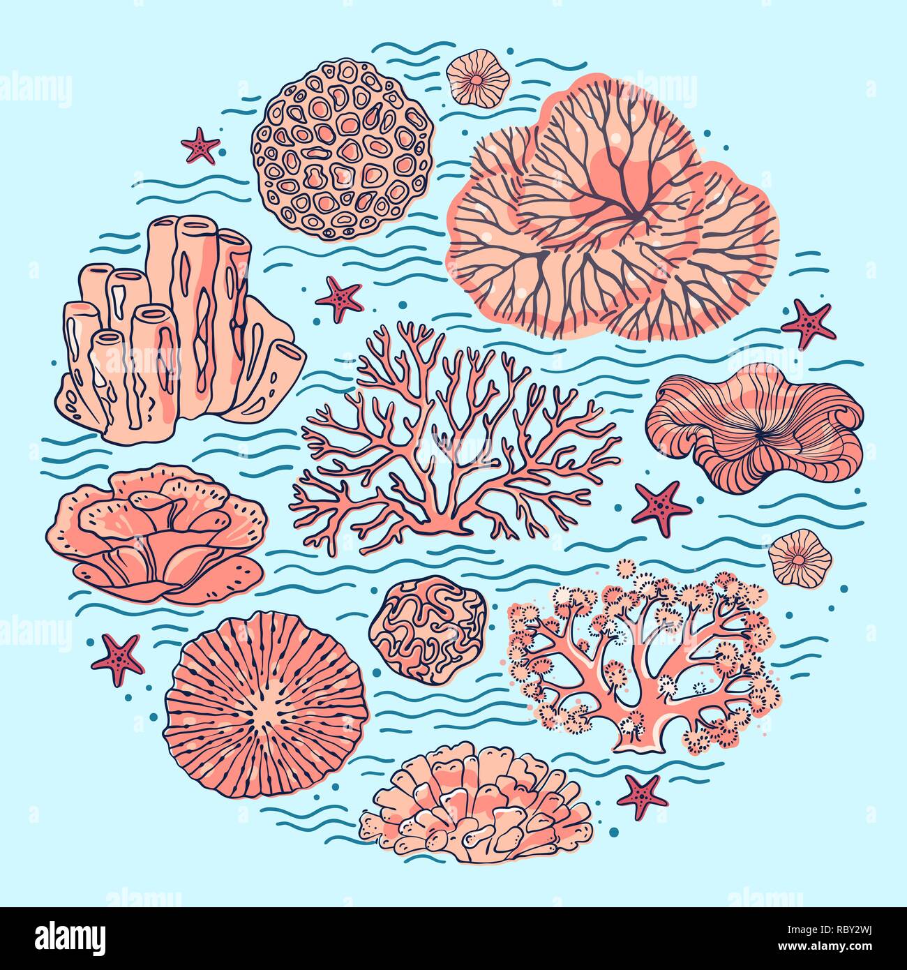 Colorati coralli subacqueo in un concetto di arte di linea Illustrazione Vettoriale
