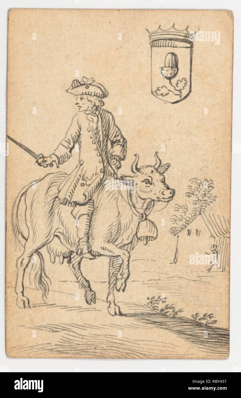 380408 Artista: Johannes Brandenberg, Svizzero, Zugo 1661?1729 Zug, Acorn Re: un uomo a cavallo di una mucca, 1712 o versione successiva, penna e inchiostro nero, foglio: 3 9/16 x 2 5/16 in. (9 x 5,9 cm). Foto Stock