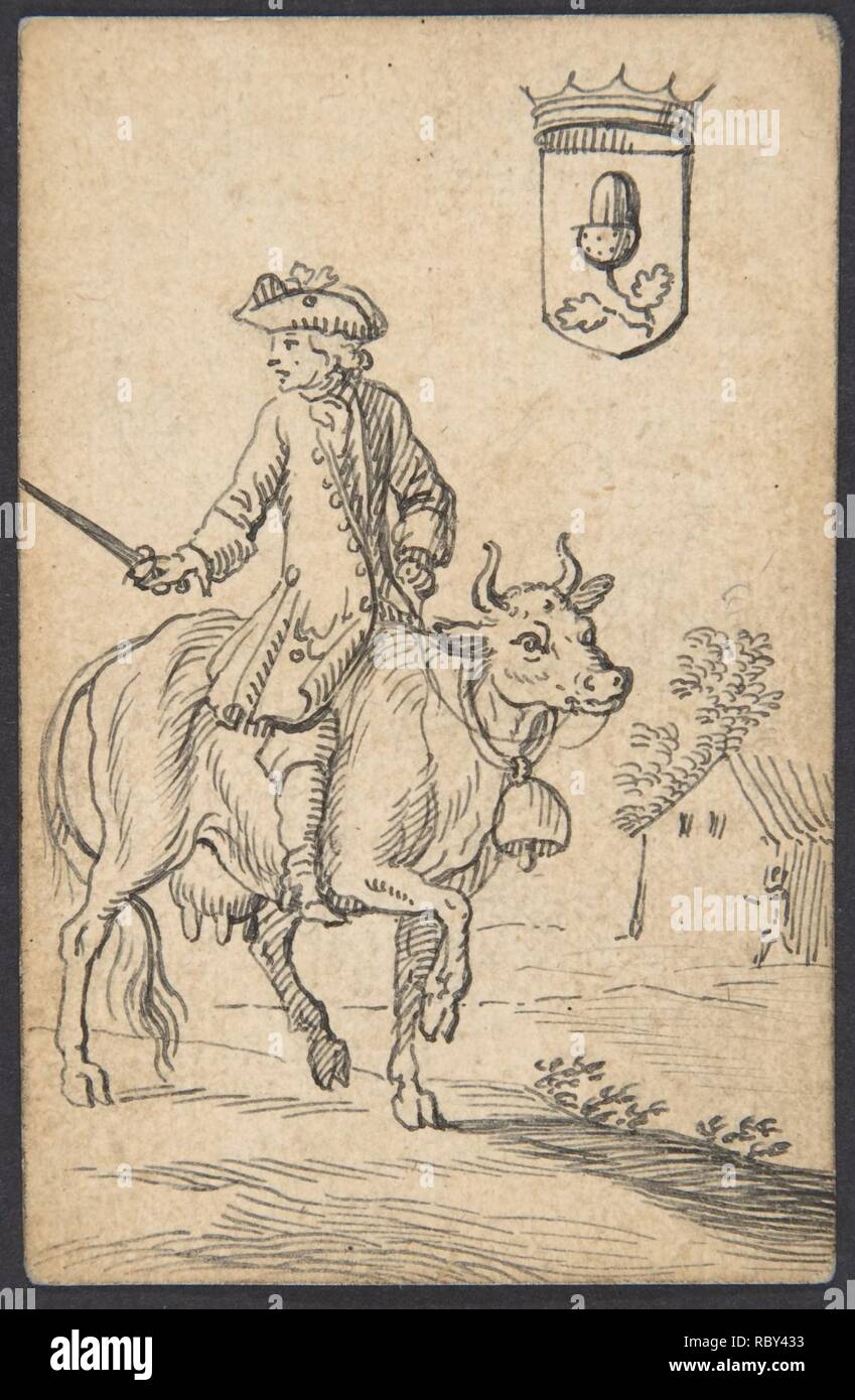 380408 Artista: Johannes Brandenberg, Svizzero, Zugo 1661?1729 Zug, Acorn Re: un uomo a cavallo di una mucca, 1712 o versione successiva, penna e inchiostro nero, foglio: 3 9/16 x 2 5/16 in. (9 x 5,9 cm). Foto Stock