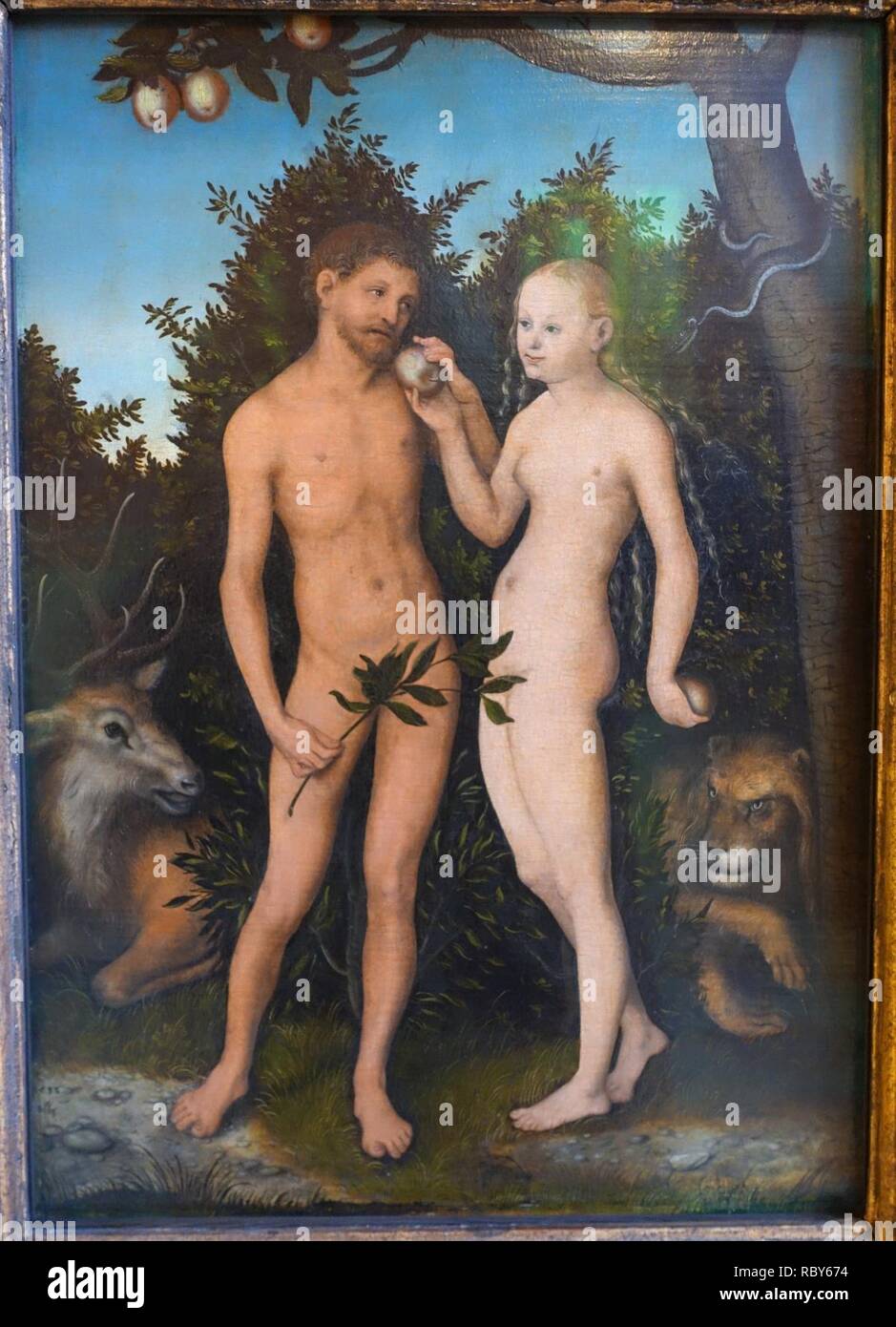 Adamo ed Eva, da Lucas Cranach il Vecchio, 1533, rosso in legno di faggio - Gemäldegalerie, Berlin - DSC03021. Foto Stock