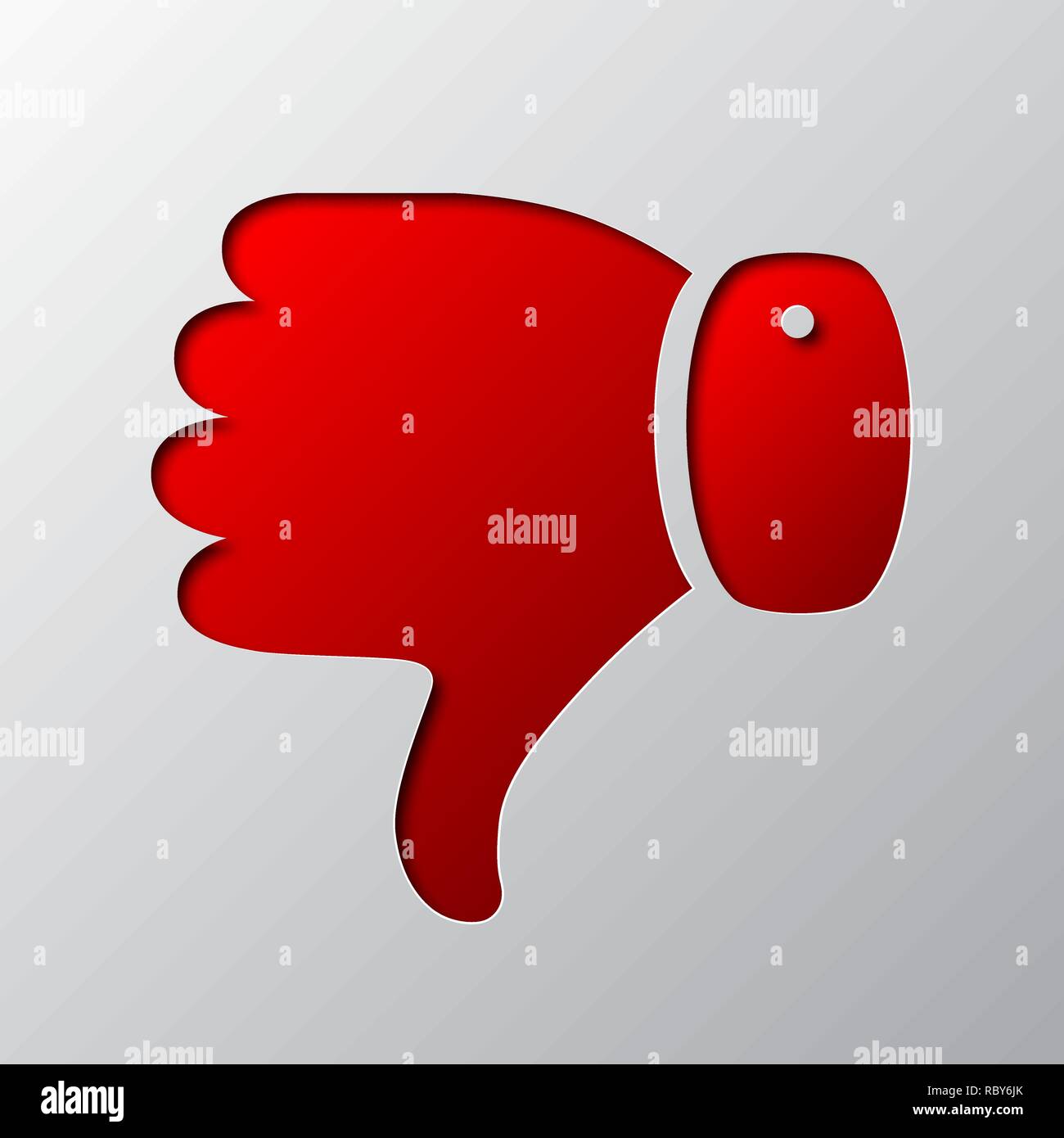 Il pollice verso il basso viene tagliata dalla carta. Illustrazione Vettoriale. Arte della carta del rosso simbolo di antipatia, isolata. Illustrazione Vettoriale