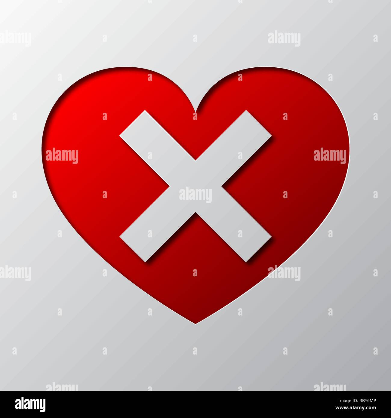 Cuore con croce è tagliata dalla carta. Illustrazione Vettoriale. Arte della carta del rosso simbolo di antipatia, isolata. Illustrazione Vettoriale