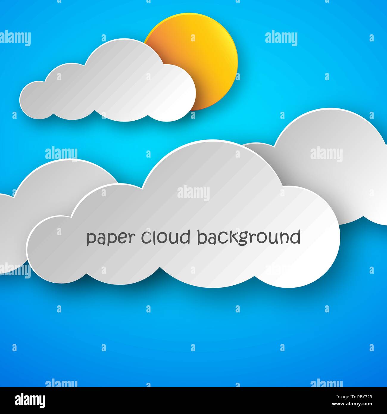 Arte di carta di nuvole e sole giallo su sfondo blu. Illustrazione Vettoriale. Sfondo astratto con il cloud Illustrazione Vettoriale