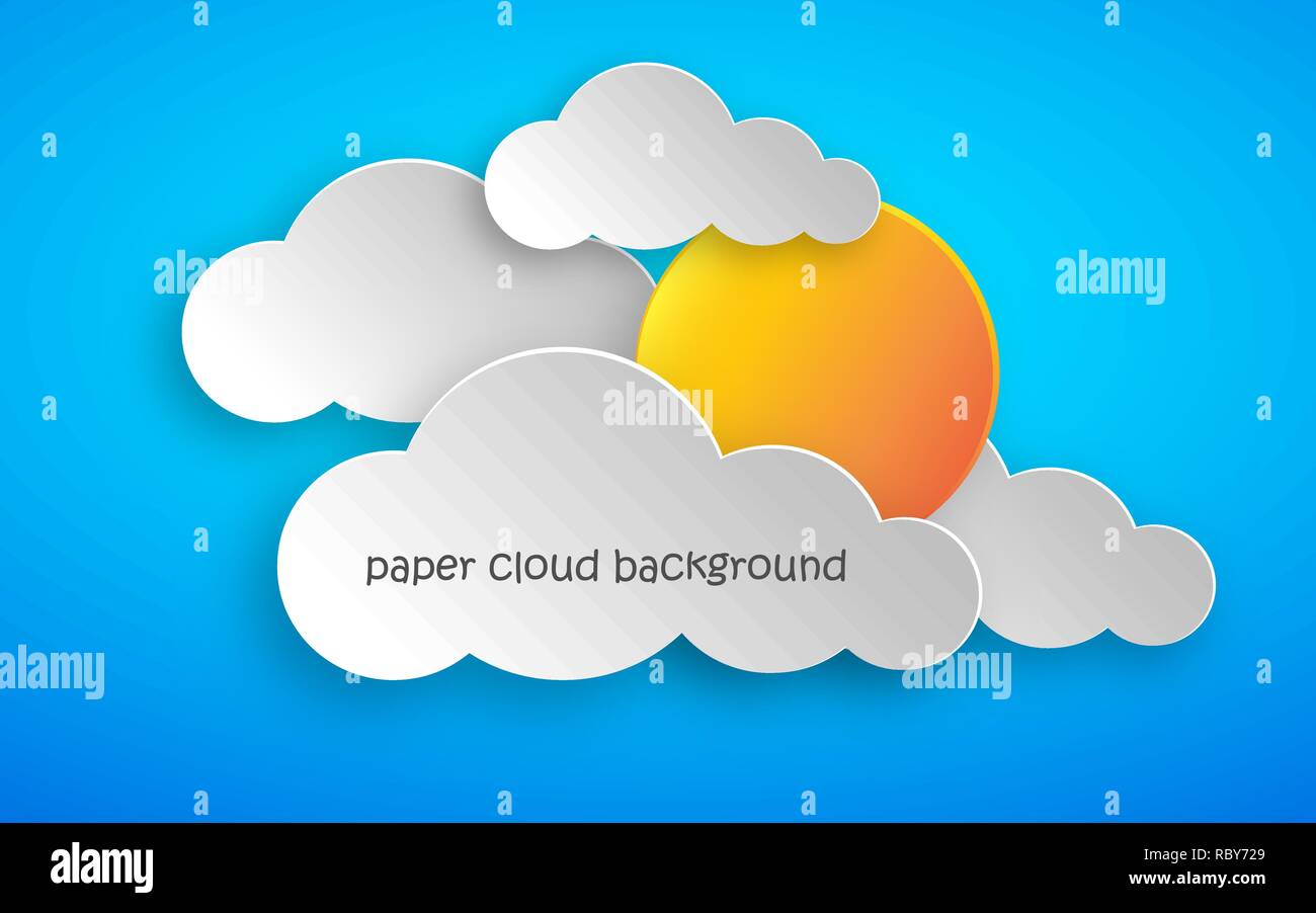Arte di carta di nuvole e sole giallo su sfondo blu. Illustrazione Vettoriale. Sfondo astratto con il cloud Illustrazione Vettoriale