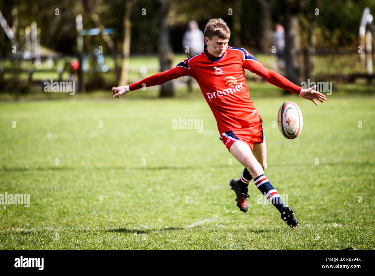 BLAINA, Wales, Regno Unito -15 APRILE 2017: Blaina vs Tredegar partita di rugby WRU Championship League a Cwmcellyn Park Foto Stock
