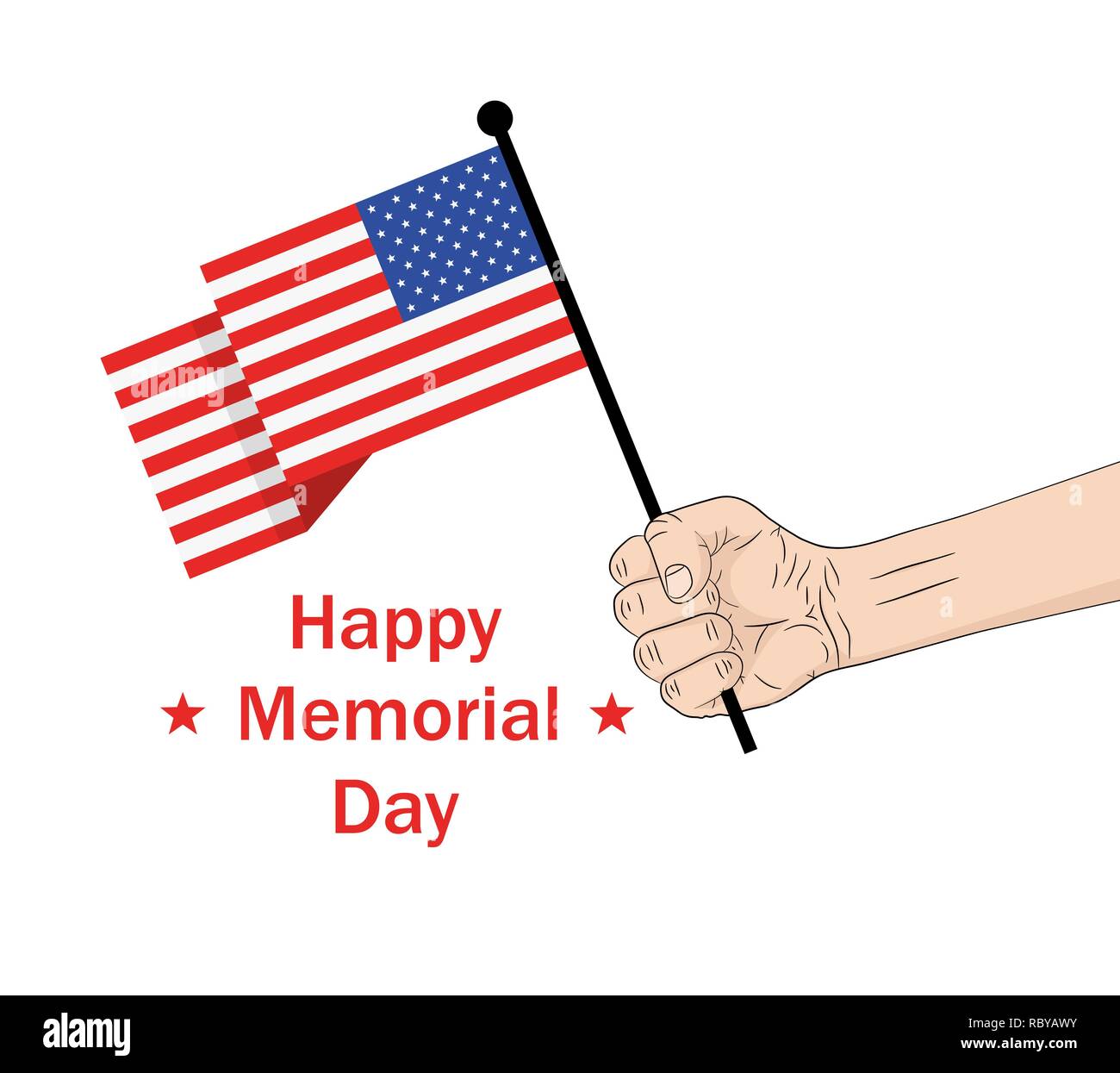 Happy Memorial Day card o di sfondo. Illustrazione Vettoriale. Bandiera degli Stati Uniti in mano. Illustrazione Vettoriale