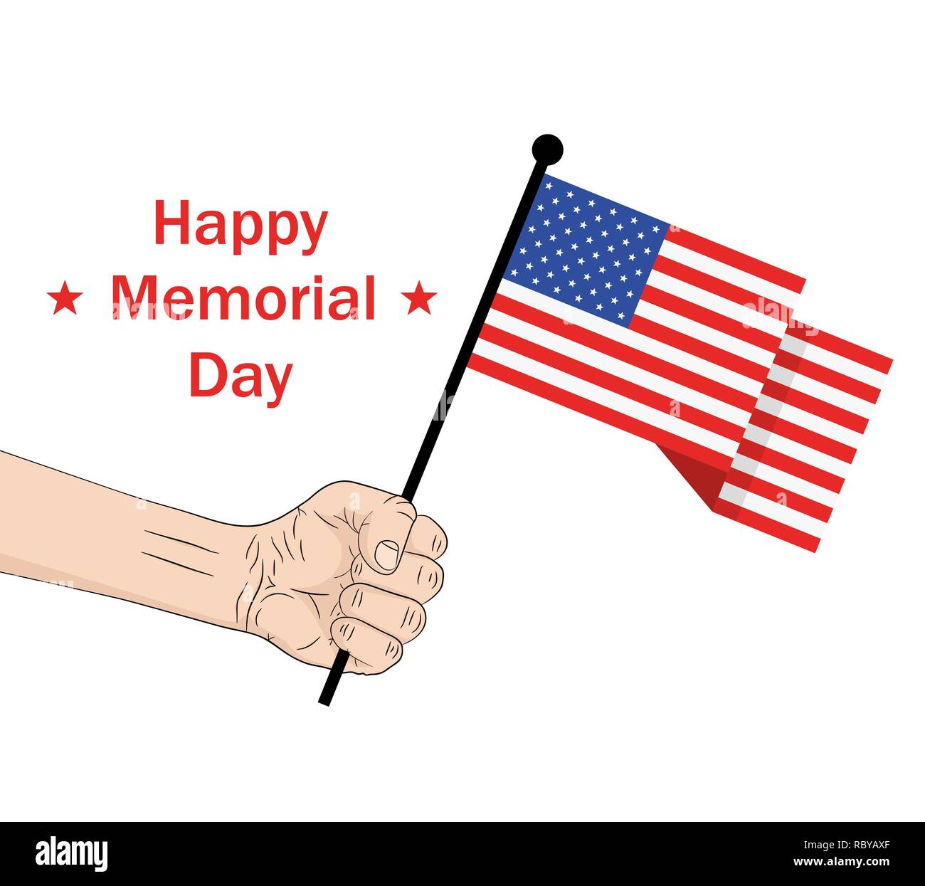 Happy Memorial Day card o di sfondo. Illustrazione Vettoriale. Bandiera degli Stati Uniti in mano. Illustrazione Vettoriale
