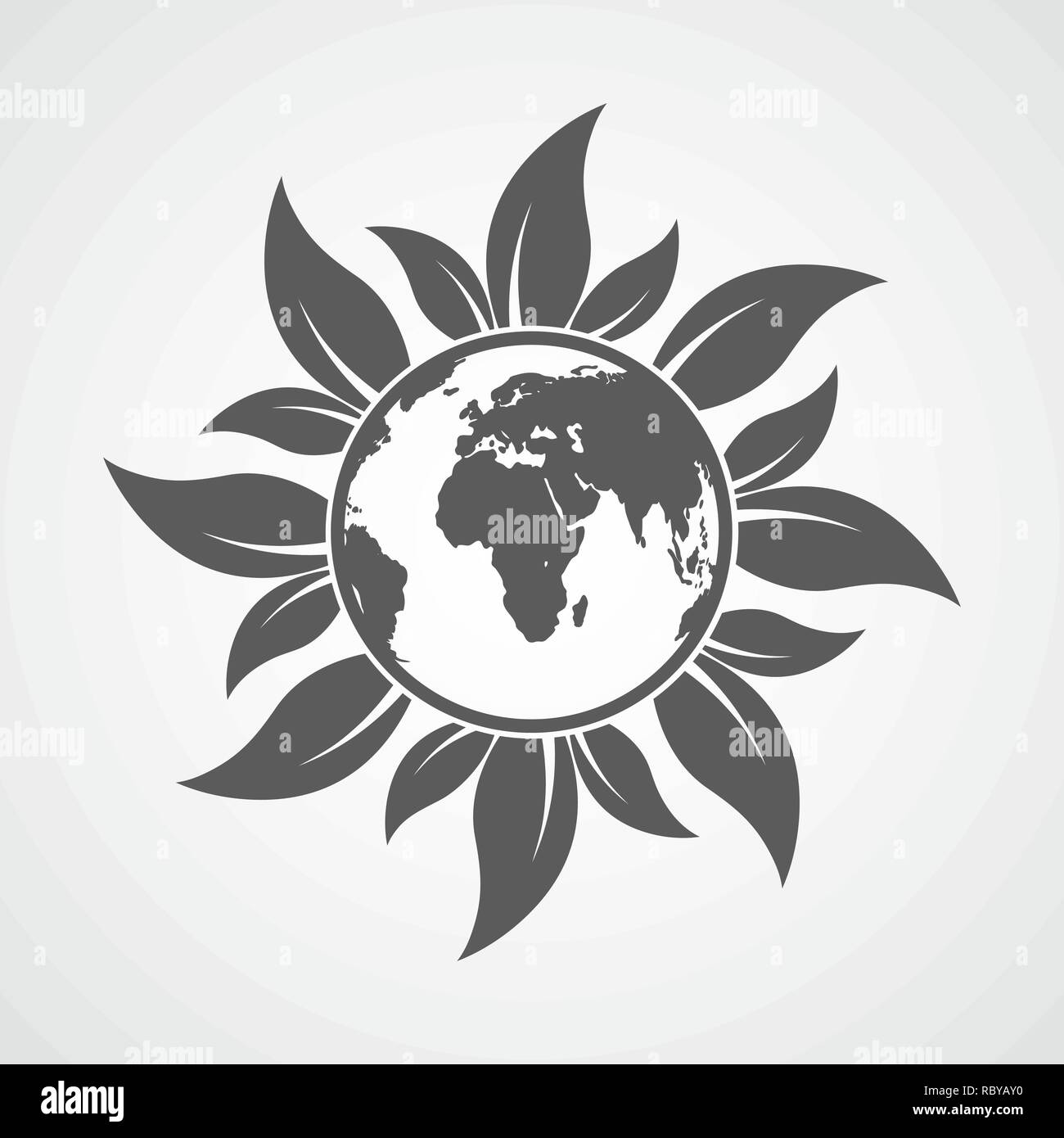 Icona a forma di globo con foglie su sfondo chiaro. Illustrazione Vettoriale. Concetto di ecologia Illustrazione Vettoriale
