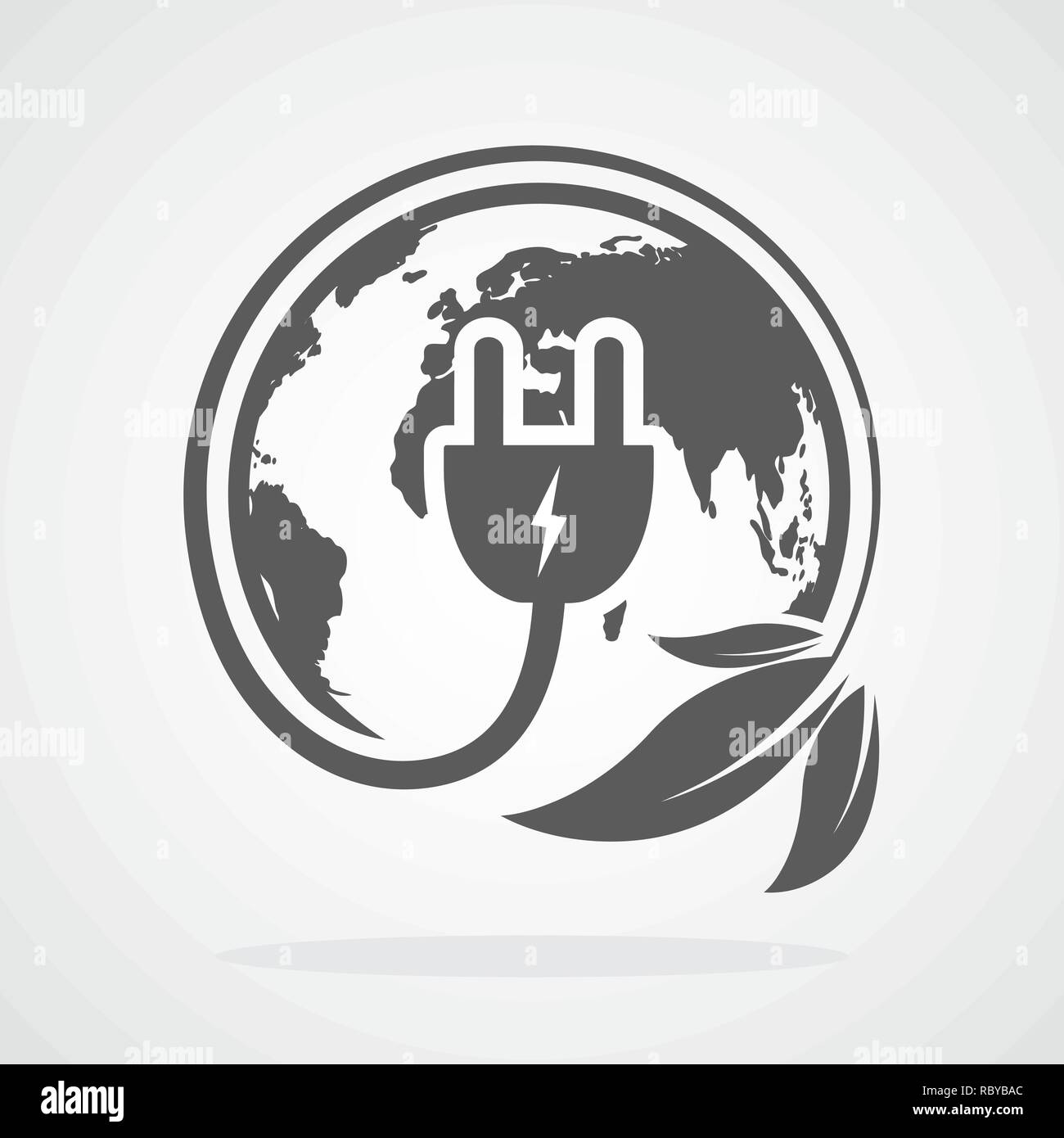 Connettore maschio con cavo elettrico e foglie. Illustrazione Vettoriale. Concetto di energia verde. Green power concetto. Illustrazione Vettoriale