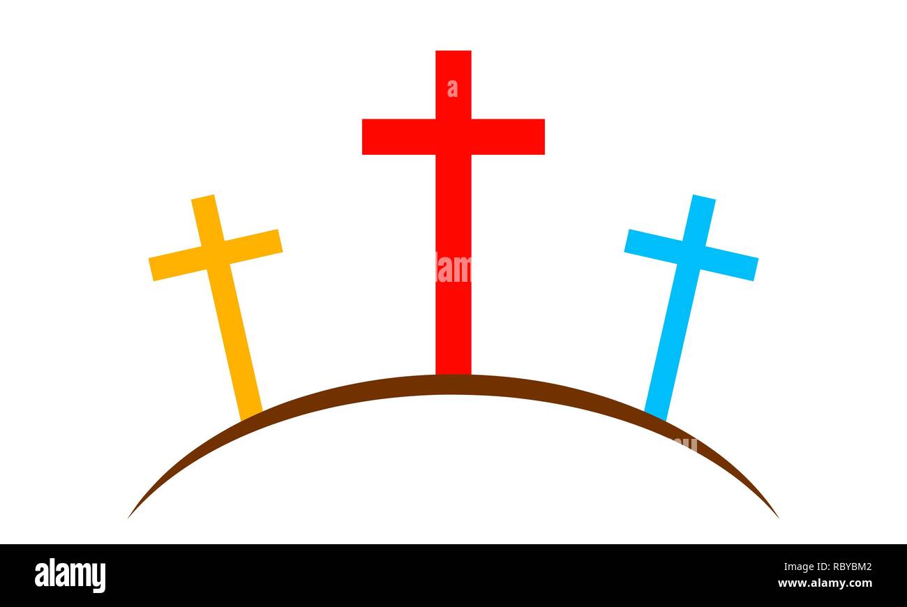 Il Calvario di colore icona con tre croci, su sfondo bianco. Illustrazione Vettoriale. Calvario accedi design piatto. Illustrazione Vettoriale