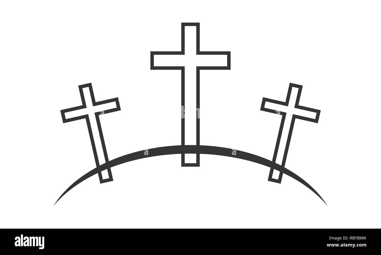 Calvario icona con tre croci su sfondo bianco. Illustrazione Vettoriale. Nero Calvario accedi design piatto. Illustrazione Vettoriale