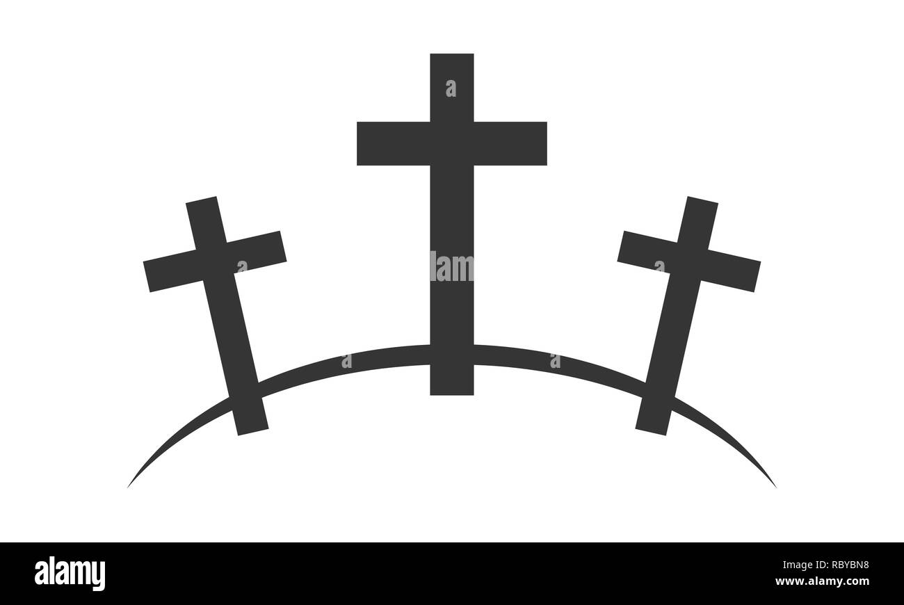 Calvario icona con tre croci su sfondo bianco. Illustrazione Vettoriale. Nero Calvario accedi design piatto. Illustrazione Vettoriale