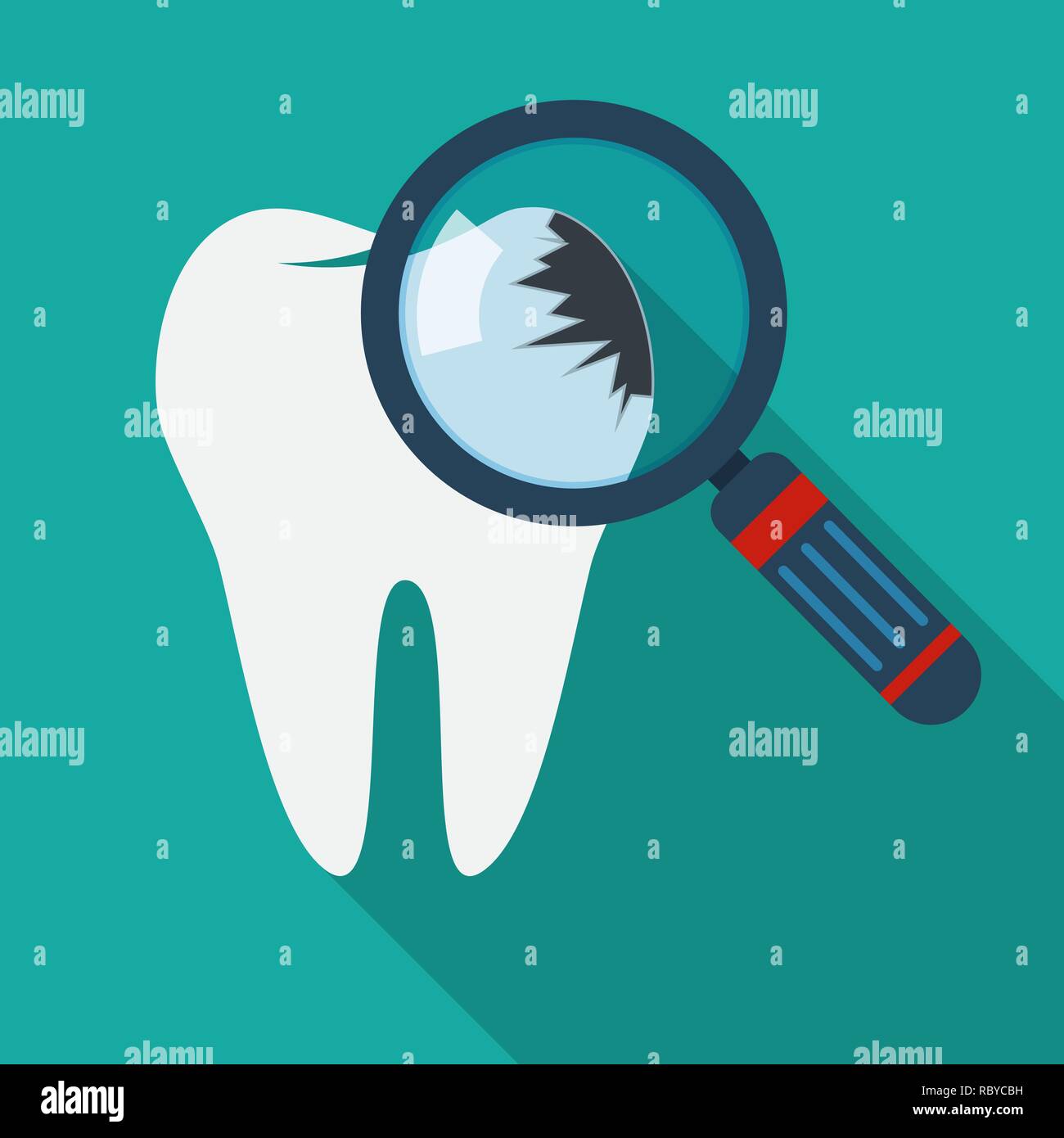 Dente rotto con lente di ingrandimento. Illustrazione Vettoriale. Il decadimento e distruggere il dente o carie dentaria Illustrazione Vettoriale