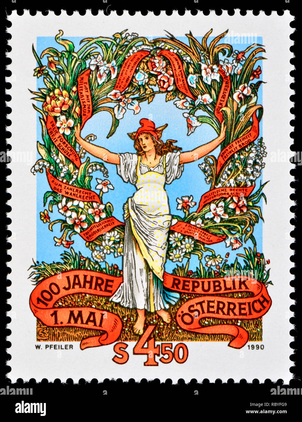 Austrian francobollo (1990) : centenario del giorno di maggio / Festa del Lavoro - Storico motivo di un giorno di maggio opuscolo Foto Stock