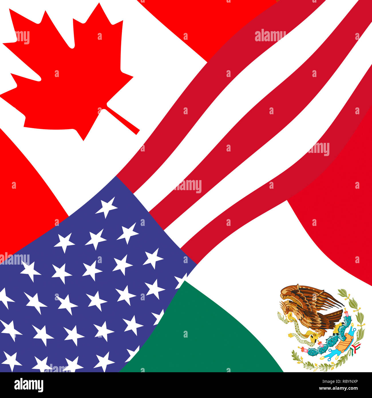 Trump Nafta Flags - Trattativa negoziato con il Canada e il Messico. Trattato o accordo per economia di frontiera - 2d illustrazione Foto Stock