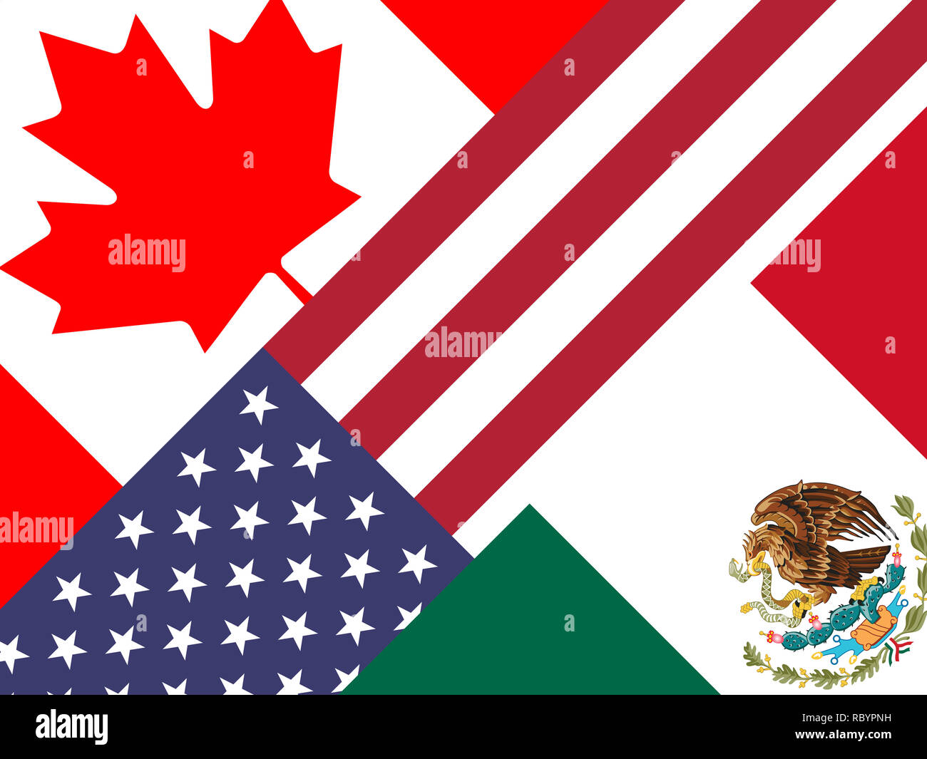 Trump Nafta Flags - Trattativa negoziato con il Canada e il Messico. Trattato o accordo per economia di frontiera - 2d illustrazione Foto Stock