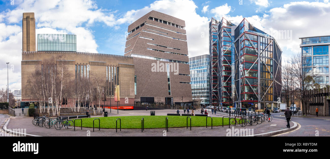 Esterno della Tate Modern Casa interruttore da Herzog & de Meuron visto da una strada pubblica, Bankside, London, Regno Unito Foto Stock