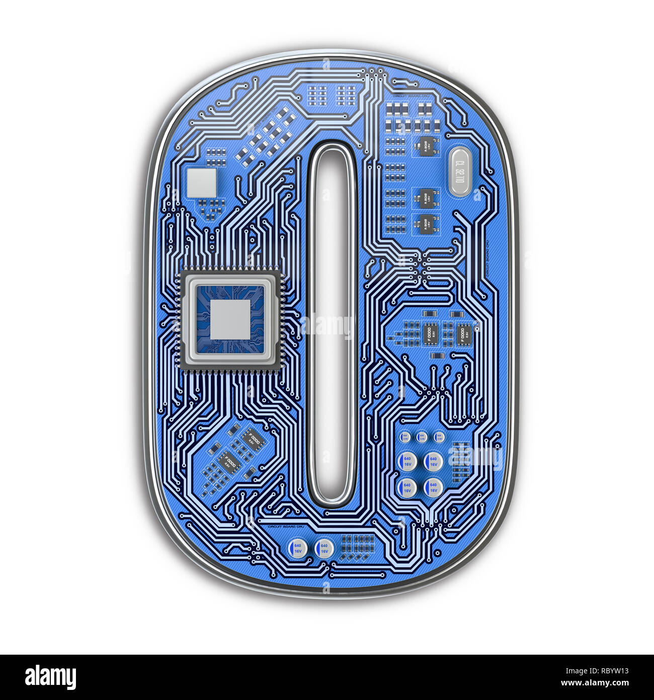 Numero 0 zero, Alfabeto nella scheda di circuito stile. Digitale hi-tech lettera isolata su bianco. 3d illustrazione Foto Stock