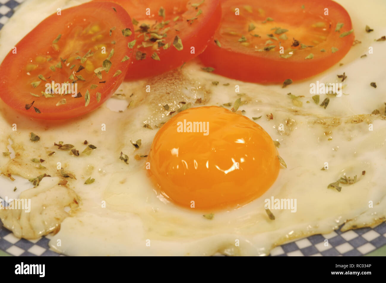 Spiegelei mit frischen Tomaten | uovo fritto con pomodori freschi Foto Stock