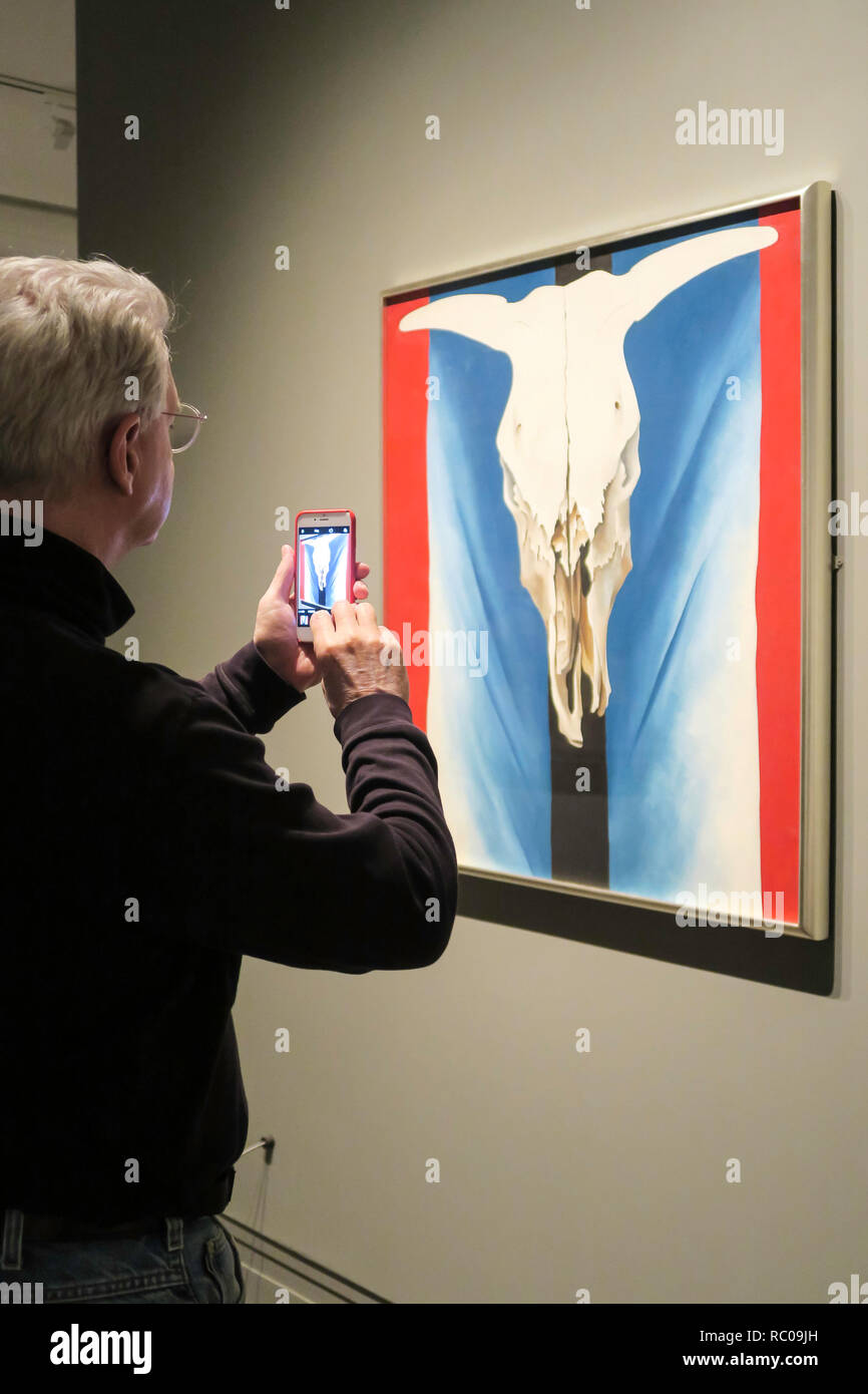 L'uomo maturo fotografa un iconico dipinto di Georgie o'Keeffe, Metropolitan Museum of Art, New York City, USA Foto Stock