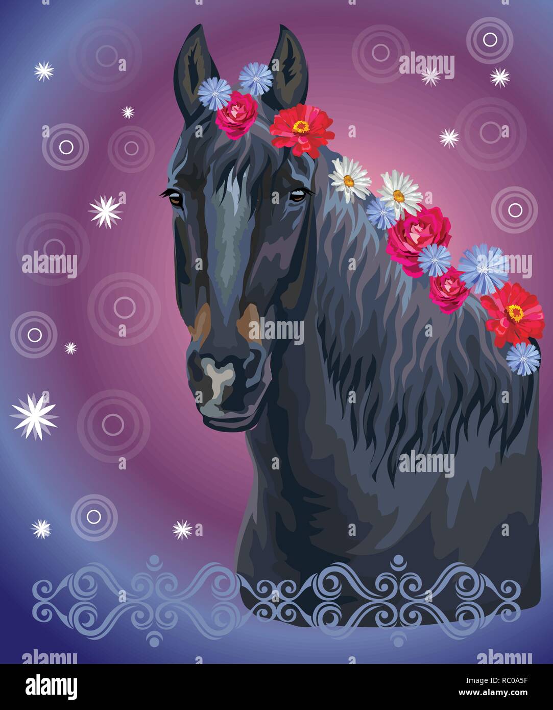 Vettore illustrazione colorata. Ritratto di cavallo con diversi fiori in mane isolato viola sul gradiente dello sfondo con decorazione e cir Illustrazione Vettoriale