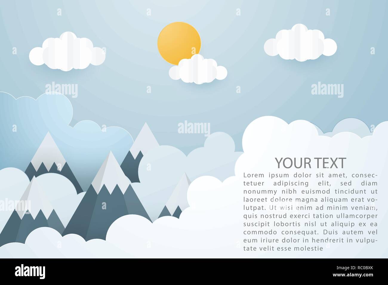 Creative illustrazione vettoriale del paesaggio di montagna con sole e nuvole carta tagliata stile. Alba e tramonto sulle montagne. Arte digitale carta artigianale. Wa Illustrazione Vettoriale