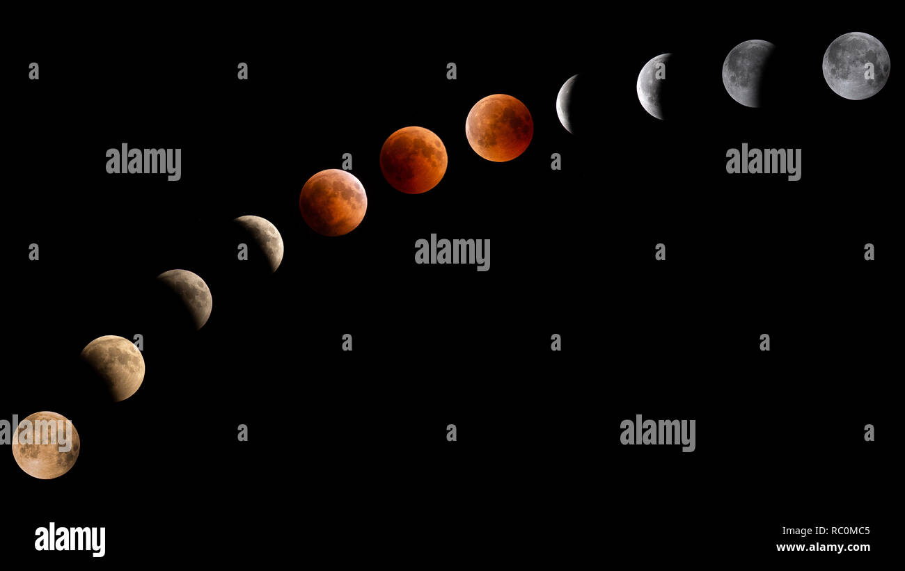 Luna piena di fasi di eclipse su sfondo nero, 2018 Foto Stock Luna piena di fasi di eclipse su sfondo nero, 2018 Foto Stock