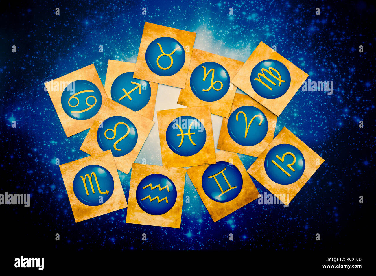 Le schede con tutti i segni dello zodiaco Foto Stock