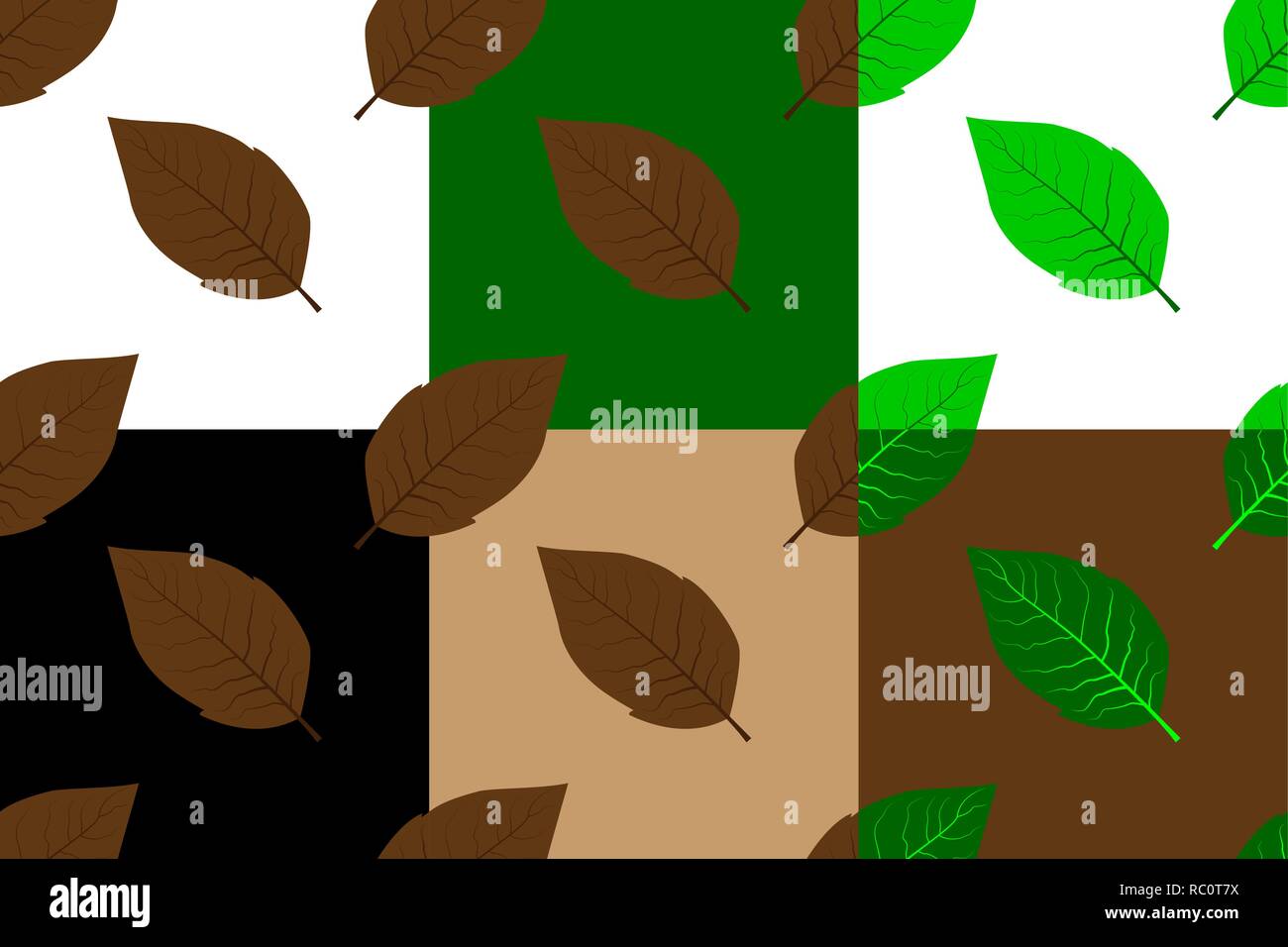 Foglie di tabacco seamless pattern, foglie di tabacco (bianco, nero, marrone, verde) set di sfondo, Illustrazione Vettoriale