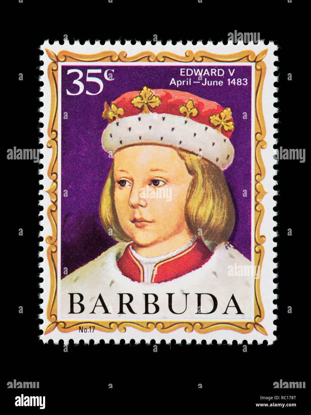 Francobollo da Barbuda raffigurante Edward V, ex re dell'Inghilterra Foto Stock