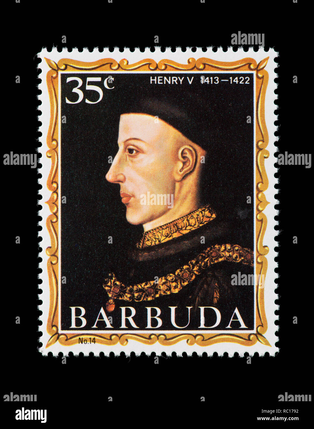 Francobollo da Barbuda raffigurante Enrico V, ex re dell'Inghilterra Foto Stock