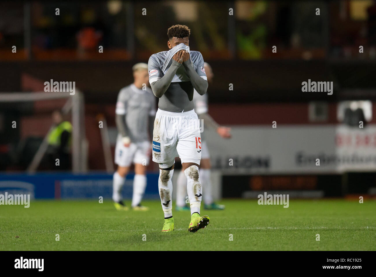 Tannadice Park, Dundee, Regno Unito. Xii gen, 2019. Campionato scozzese di calcio, Dundee United versus Dunfermline Athletic; Myles Hippolyte di Dunfermline Athletic sconsolato a tempo pieno credito: Azione Sport Plus/Alamy Live News Foto Stock