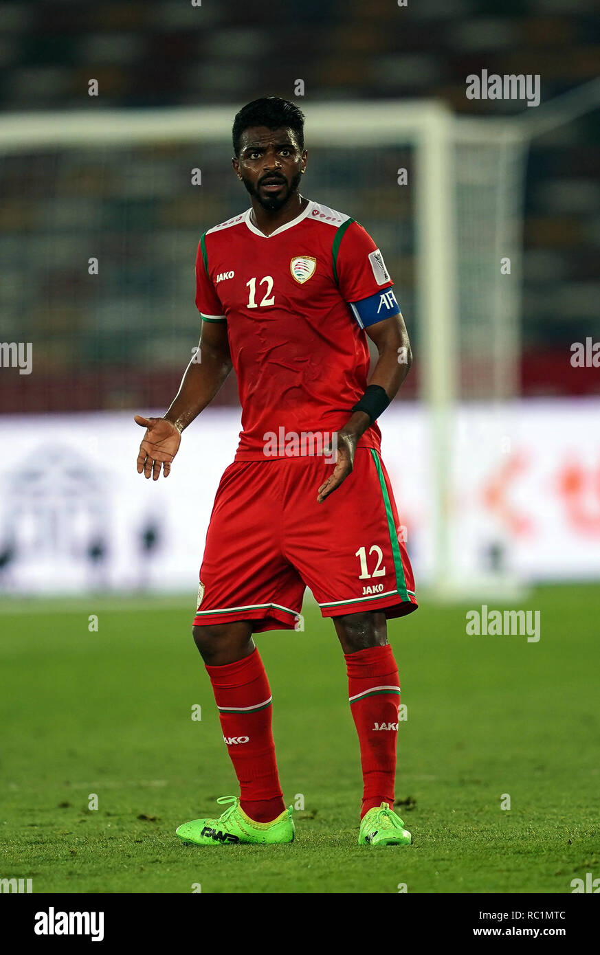 Il 13 gennaio 2019 : Ahmed Kano di Oman durante l Oman v Giappone all'Zayed Sport City Stadium di Abu Dhabi, Emirati arabi uniti, AFC Asian Cup, Asian campionato di calcio. Ulrik Pedersen/CSM. Foto Stock