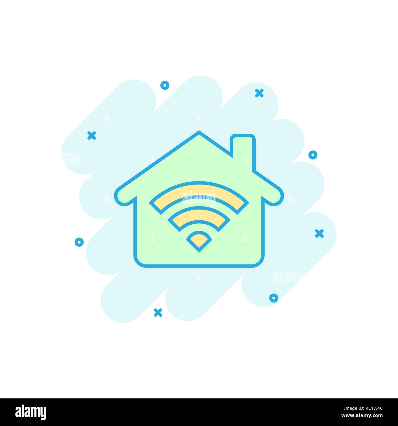 Smart icona home in stile fumetto. Casa di vettore di controllo di illustrazione cartoon pittogramma. Smart home business concetto effetto splash. Illustrazione Vettoriale