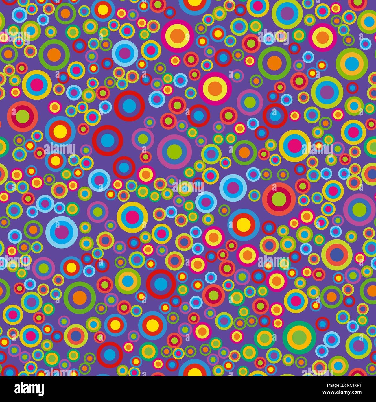 Colorati cerchi psichedelici su uno sfondo violetto. Illustrazione Vettoriale
