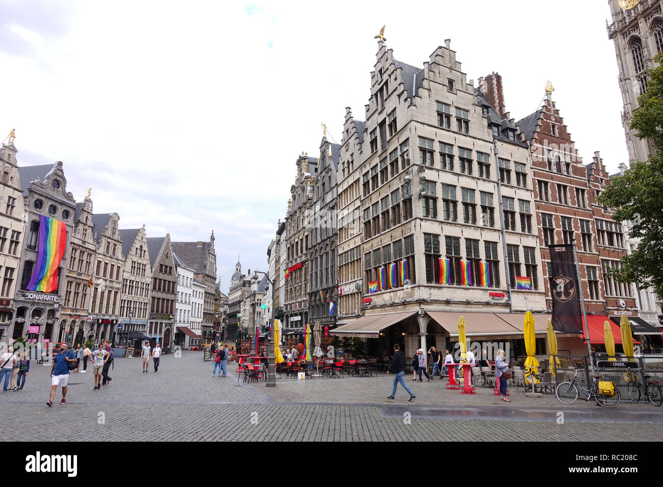 Bandiera arcobaleno sugli edifici di Anversa Foto Stock