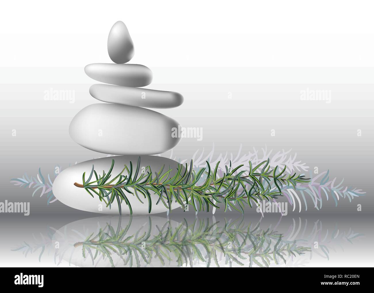 Rosmarino foglie di erbe con pietre, illustrazione vettoriale Illustrazione Vettoriale