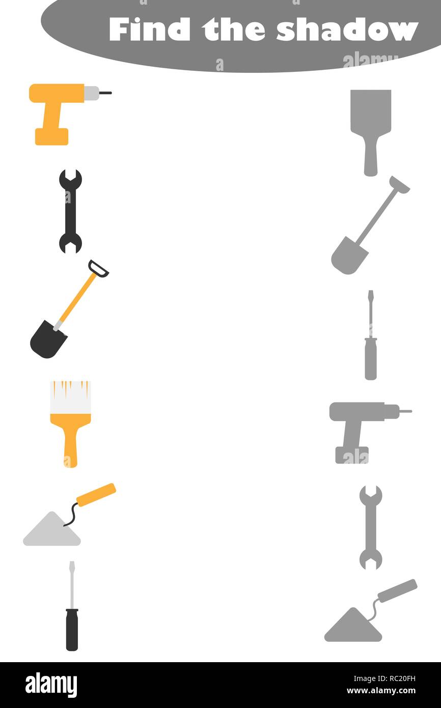 Trovare il gioco delle ombre con costruzione di immagini per bambini educazione gioco per bambini in età prescolare attività del foglio di lavoro, attività per lo sviluppo del pensiero logico, illustrazione vettoriale Illustrazione Vettoriale