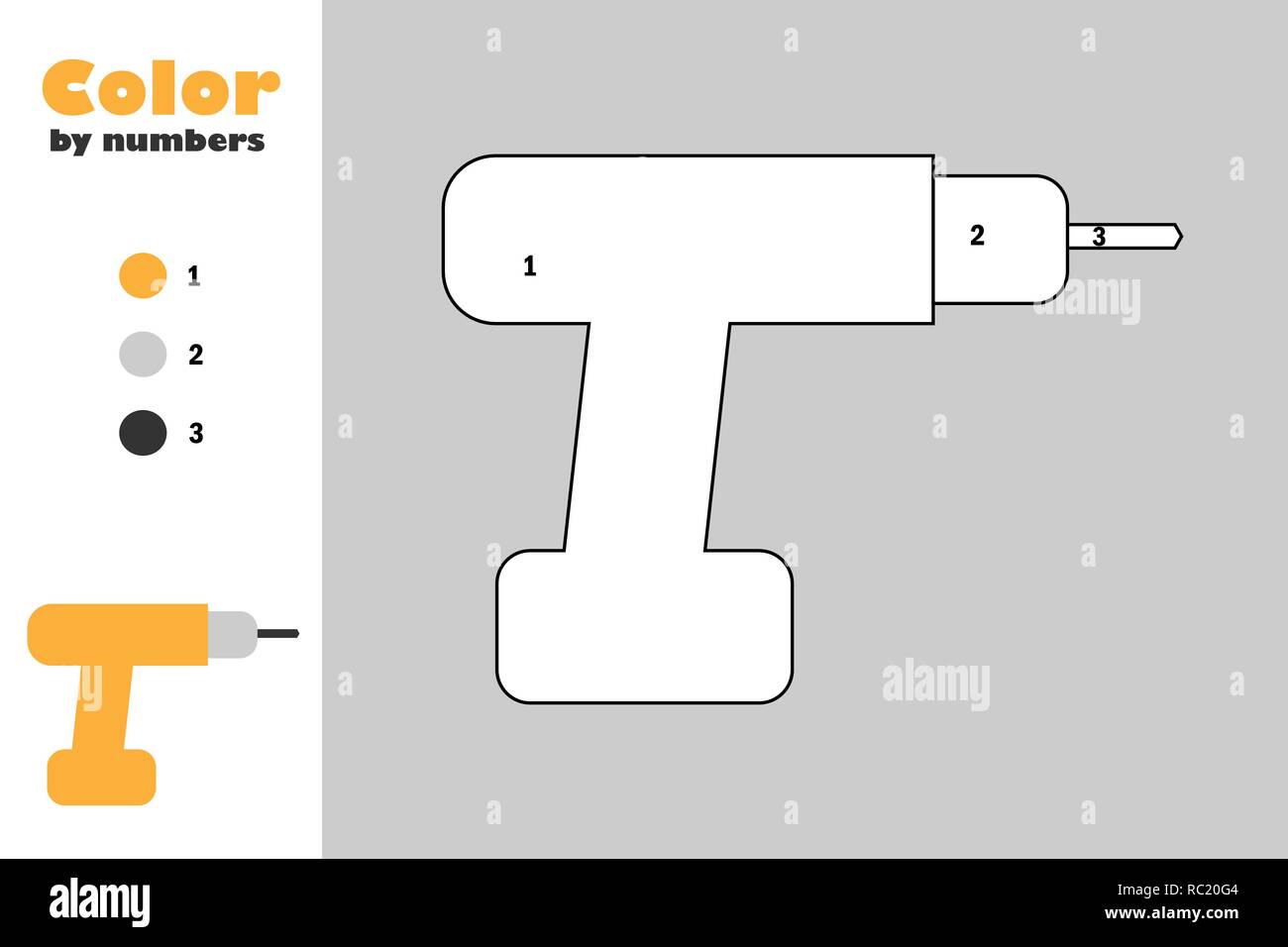 Il cacciavite in stile cartoon, colore mediante il numero di carta di educazione gioco per lo sviluppo dei bambini, la colorazione pagina, i bambini in età prescolare attività, foglio di lavoro stampabile, illustrazione vettoriale Illustrazione Vettoriale