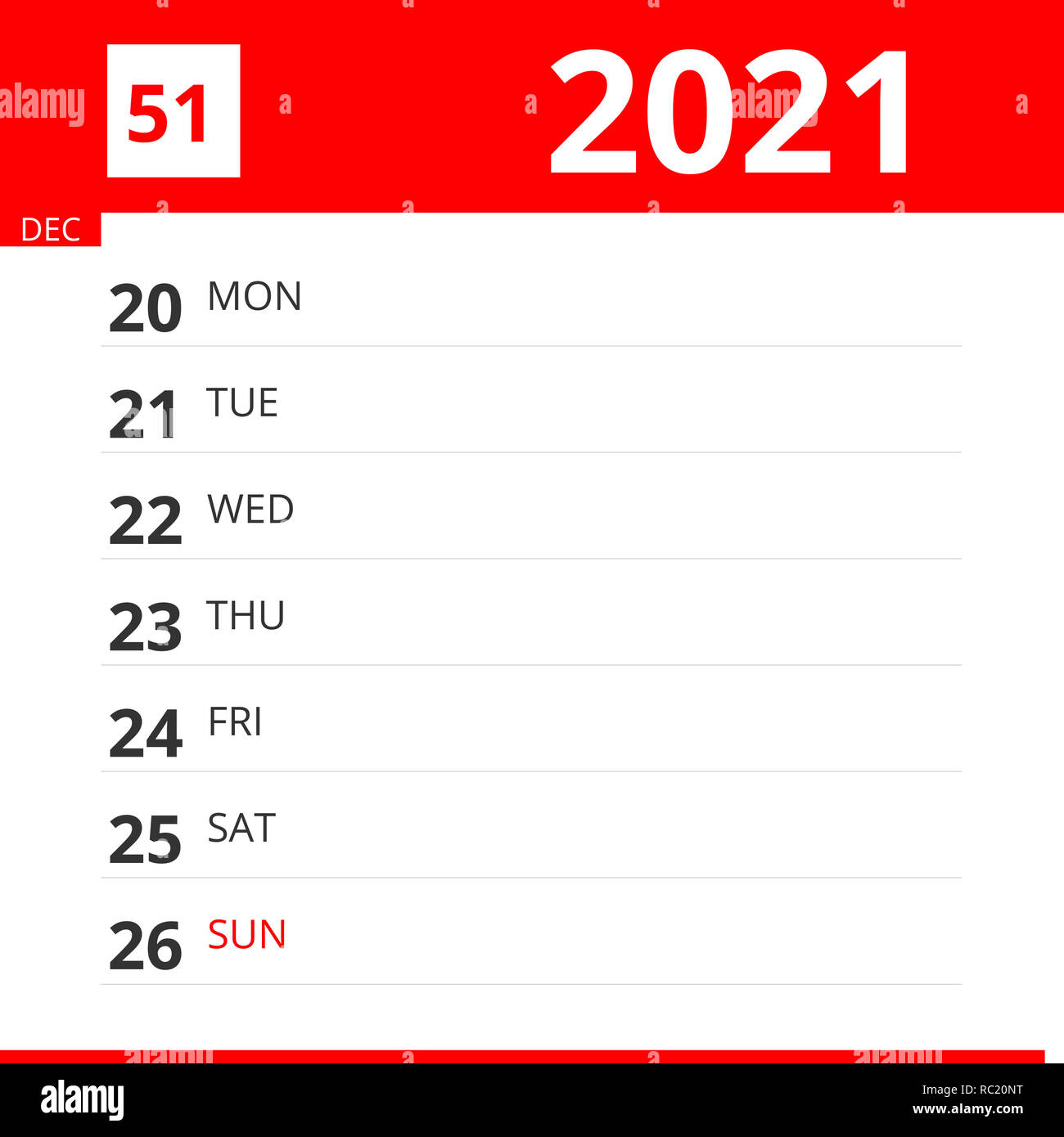 Pianificatore di calendario per la settimana 51 nel 2021, termina il 26  dicembre 2021 Foto stock - Alamy
