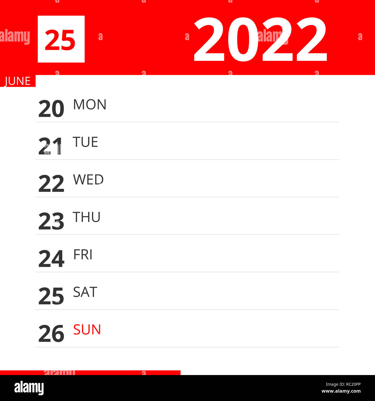 Pianificatore di calendario per la settimana 25 nel 2022, termina il 26 giugno 2022 . Foto Stock