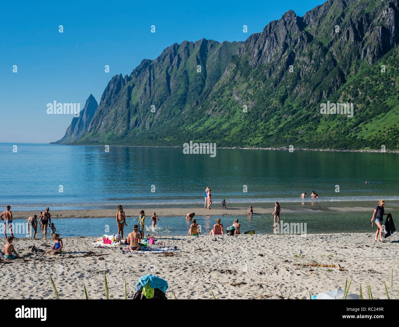 Spiaggia Ersfjordstranden, fjord Ersfjord, pubblica Recreation Area, estate, persone andare a nuotare, vista la gamma della montagna Okshornan, isola Senja, Troms, n Foto Stock