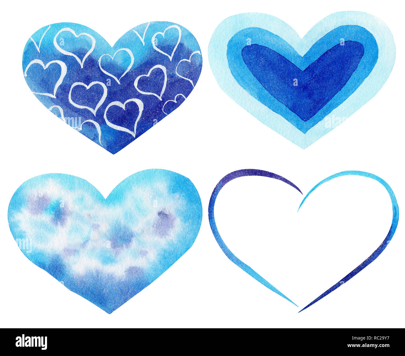 Set di acquarello dipinto a mano cuore blu. Simbolo dell'amore. Oggetti isolati perfetto per il giorno di San Valentino invito o un romantico cartoline. Foto Stock