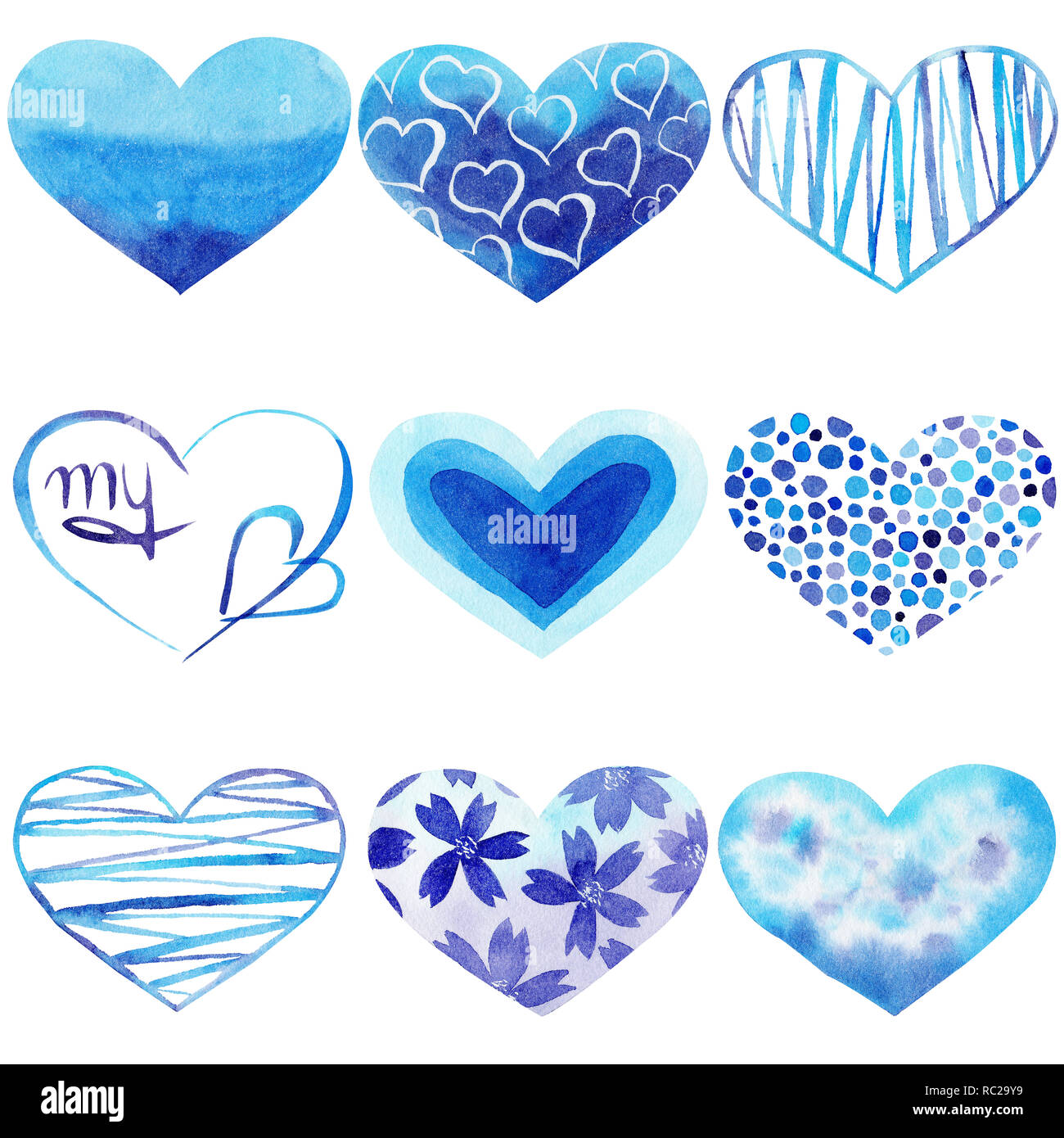 Set di acquarello dipinto a mano cuore blu. Simbolo dell'amore. Oggetti isolati perfetto per il giorno di San Valentino invito o un romantico cartoline. Foto Stock
