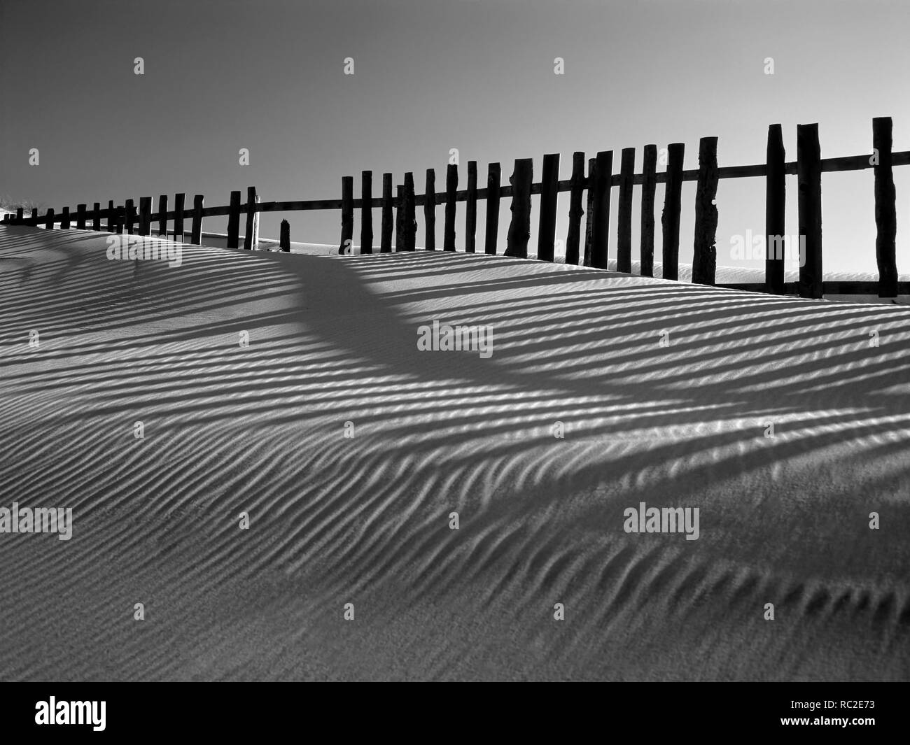 Mare duna di sabbia contro il profondo blu del cielo con recinti di legno e belle ombre (fotografia analogica. 120 film). Foto Stock