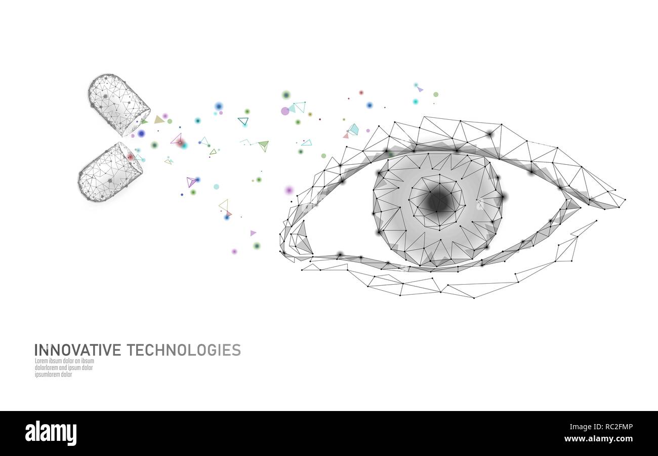 Integratore dietetico vitamina vision capsula. Occhio chiaro health care farmaco medicina scienza chimica tecnologia innovazione poligonale 3D render. Donna occhio isolato modello di pagina di intestazione illustrazione vettoriale Illustrazione Vettoriale