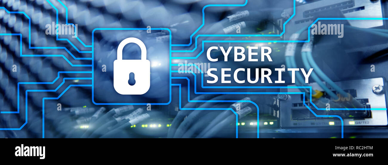 Cyber security, informazioni privacy e protezione dei dati concetto sulla sala server sfondo. Foto Stock